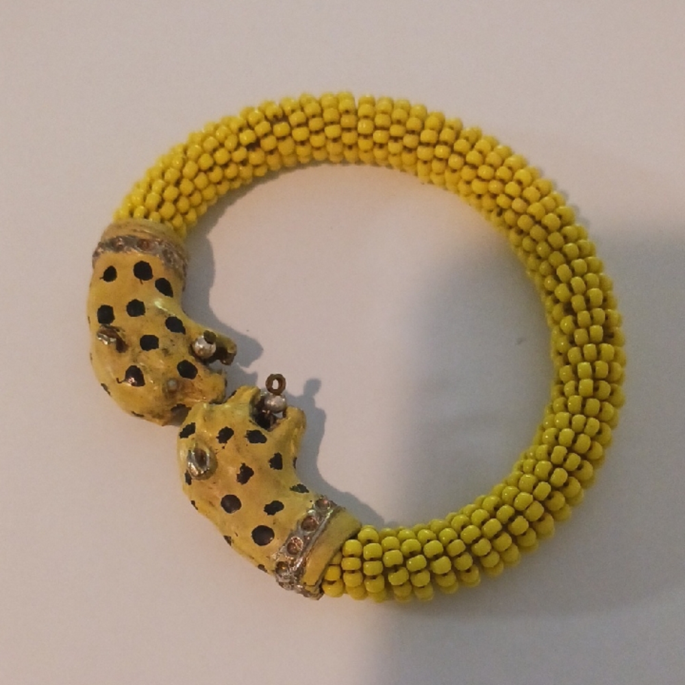 Yellow Beaded Bracelet with Leopard Design